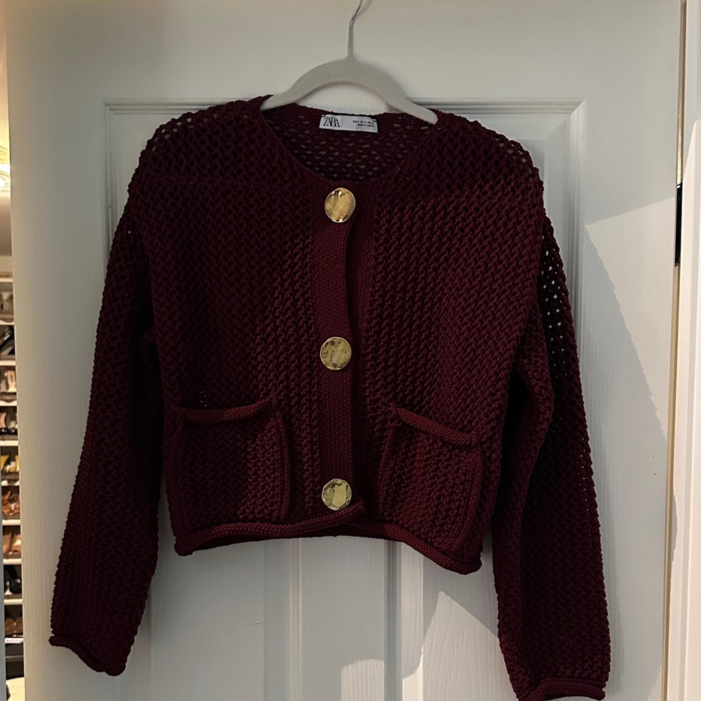 Zara Deep Red/ wine color Knit Sweater with Gold buttons